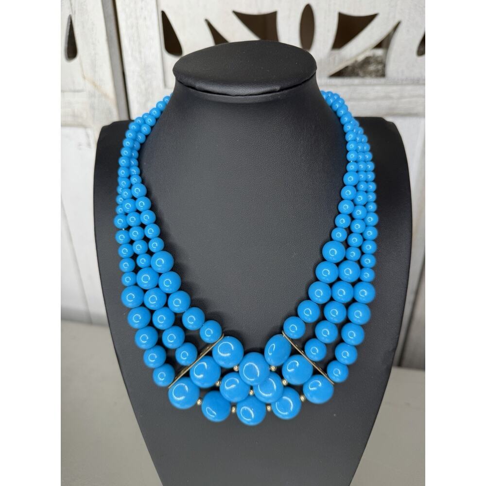 Vintage Bright Blue Beaded Necklace & Silver Tone Layered Bead Glam